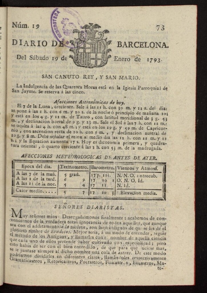 Miniatura de Diario de Barcelona del 19 de enero de 1793, nº 19