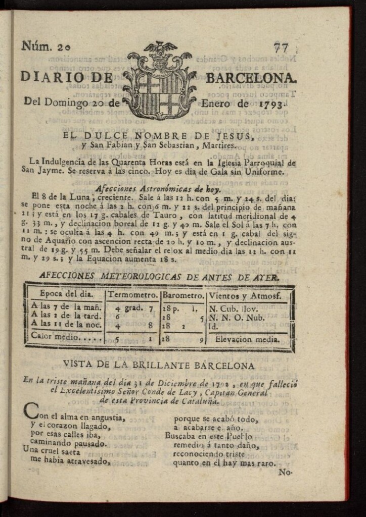 Miniatura de Diario de Barcelona del 20 de enero de 1793, nº 20
