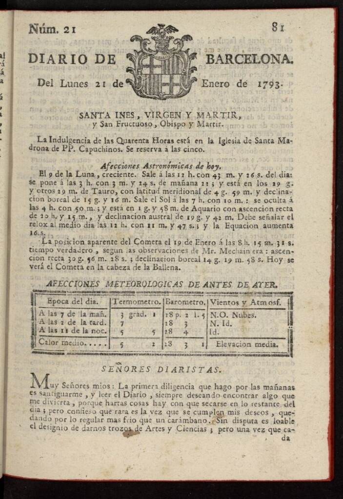 Miniatura de Diario de Barcelona del 21 de enero de 1793, nº 21