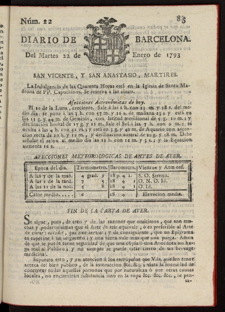 Miniatura de Diario de Barcelona del 22 de enero de 1793, nº 22