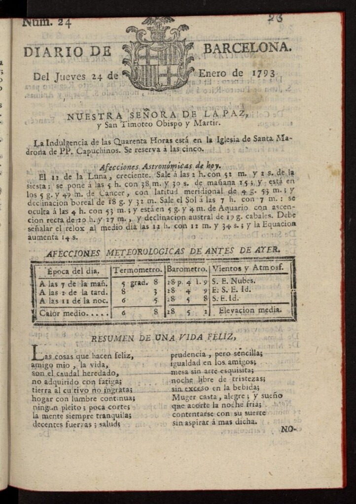 Miniatura de Diario de Barcelona del 24 de enero de 1793, nº 24