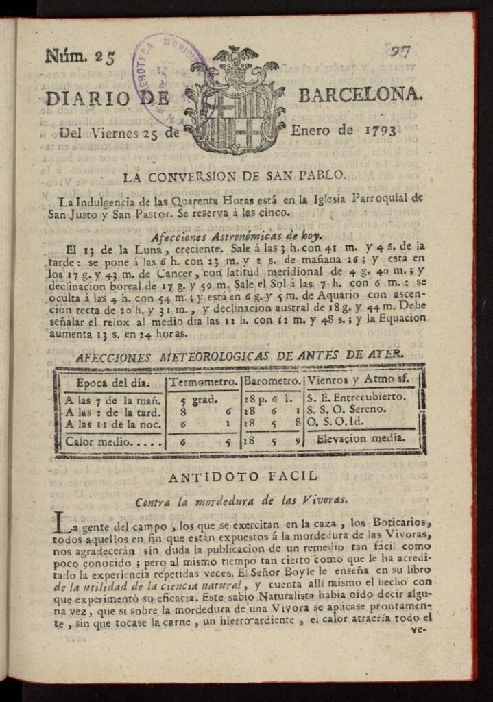 Miniatura de Diario de Barcelona del 25 de enero de 1793, nº 25