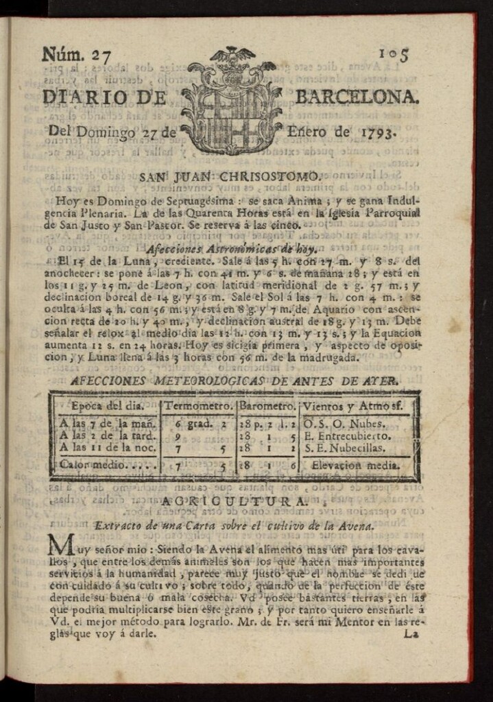Miniatura de Diario de Barcelona del 27 de enero de 1793, nº 27
