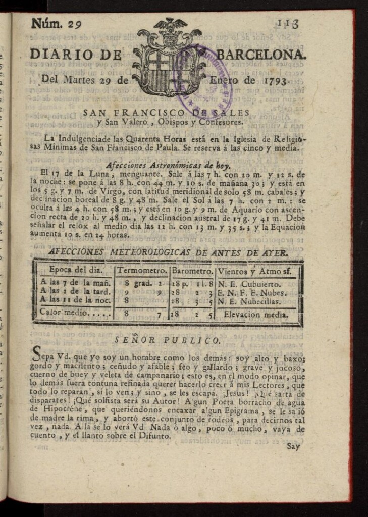 Miniatura de Diario de Barcelona del 29 de enero de 1793, nº 29