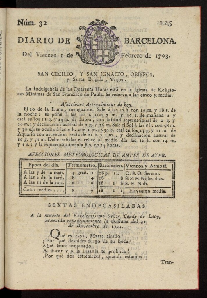 Miniatura de Diario de Barcelona del 1 de febrero de 1793, nº 32