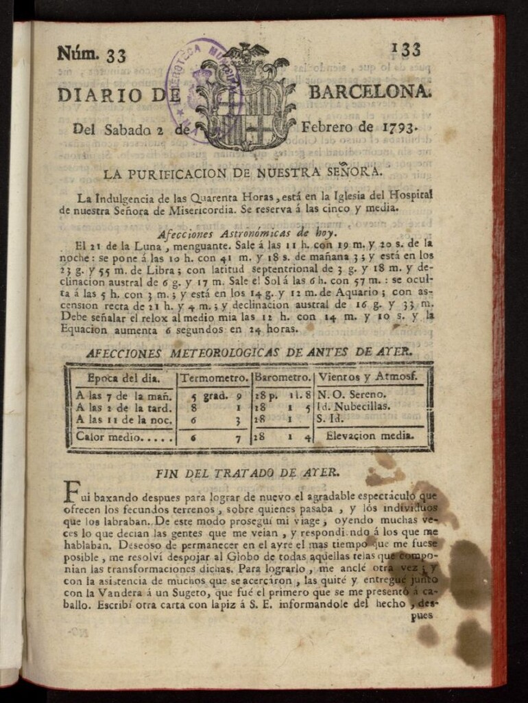 Miniatura de Diario de Barcelona del 2 de febrero de 1793, nº 33