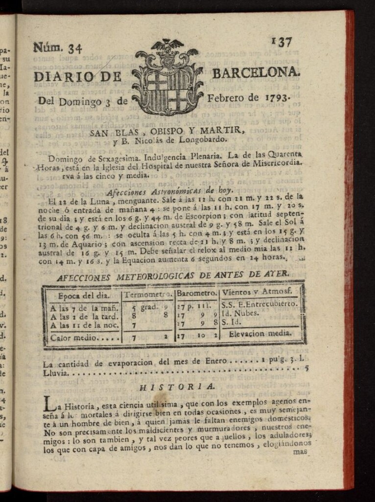 Miniatura de Diario de Barcelona del 3 de febrero de 1793, nº 34