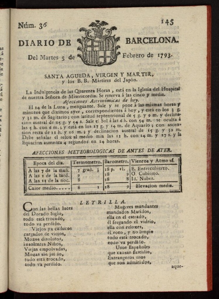 Miniatura de Diario de Barcelona del 5 de febrero de 1793, nº 36