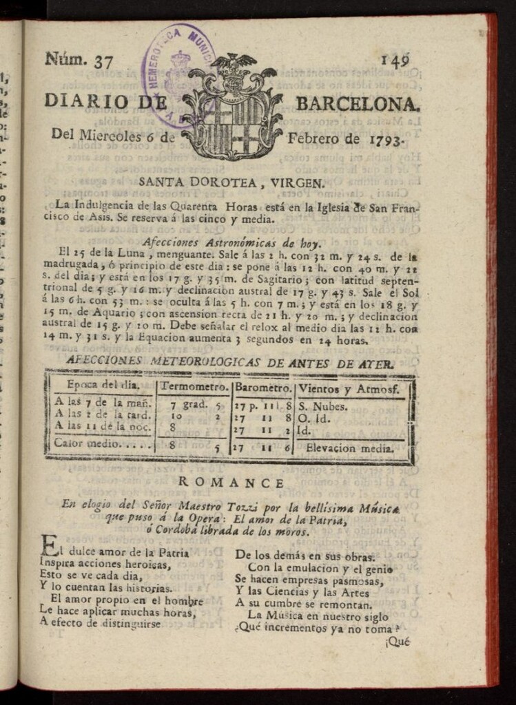 Miniatura de Diario de Barcelona del 6 de febrero de 1793, nº 37