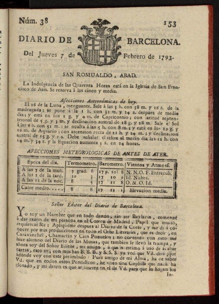 Miniatura de Diario de Barcelona del 7 de febrero de 1793, nº 38