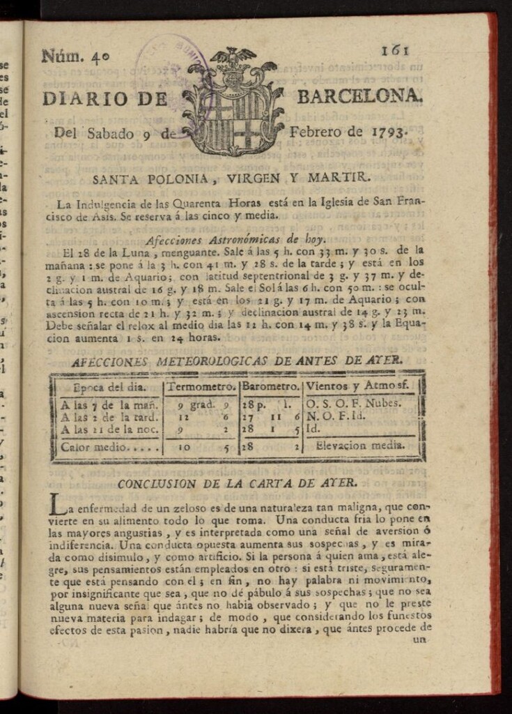 Miniatura de Diario de Barcelona del 9 de febrero de 1793, nº 40