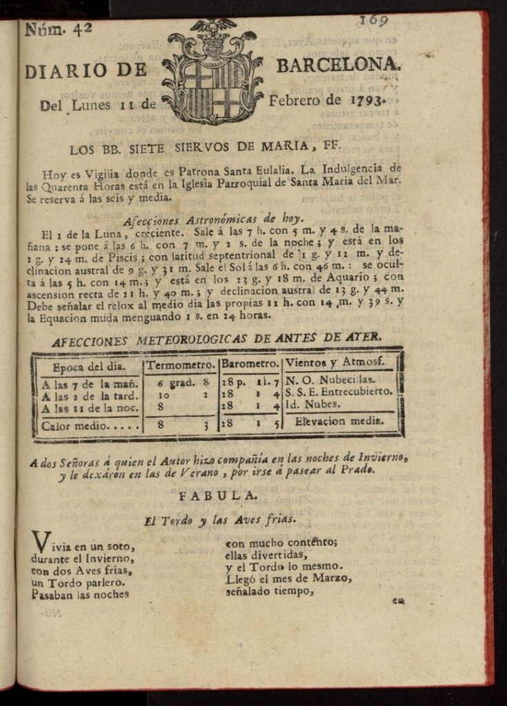 Miniatura de Diario de Barcelona del 11 de febrero de 1793, nº 42