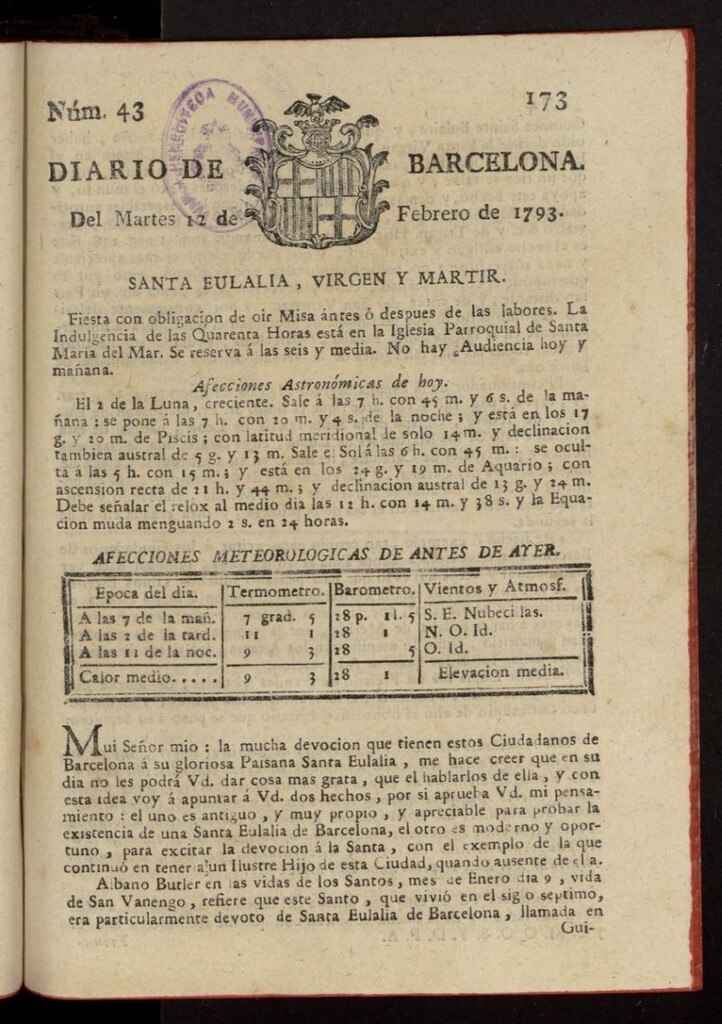 Miniatura de Diario de Barcelona del 12 de febrero de 1793, nº 43