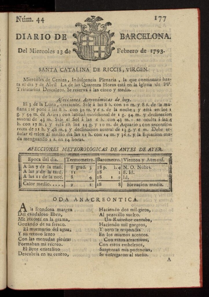 Miniatura de Diario de Barcelona del 13 de febrero de 1793, nº 44