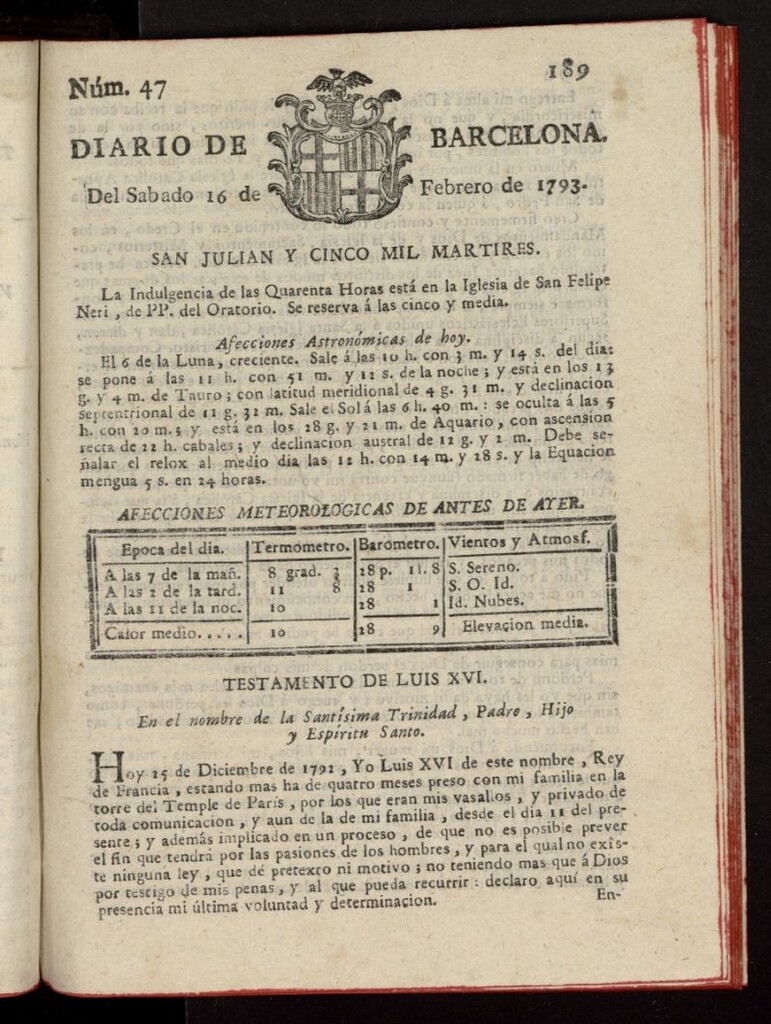 Miniatura de Diario de Barcelona del 16 de febrero de 1793, nº 47