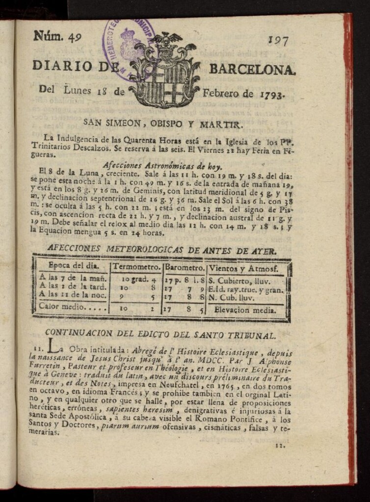 Miniatura de Diario de Barcelona del 18 de febrero de 1793, nº 49