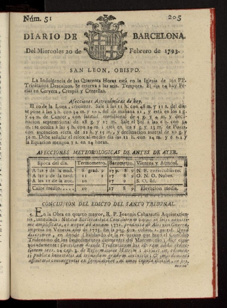 Miniatura de Diario de Barcelona del 20 de febrero de 1793, nº 51