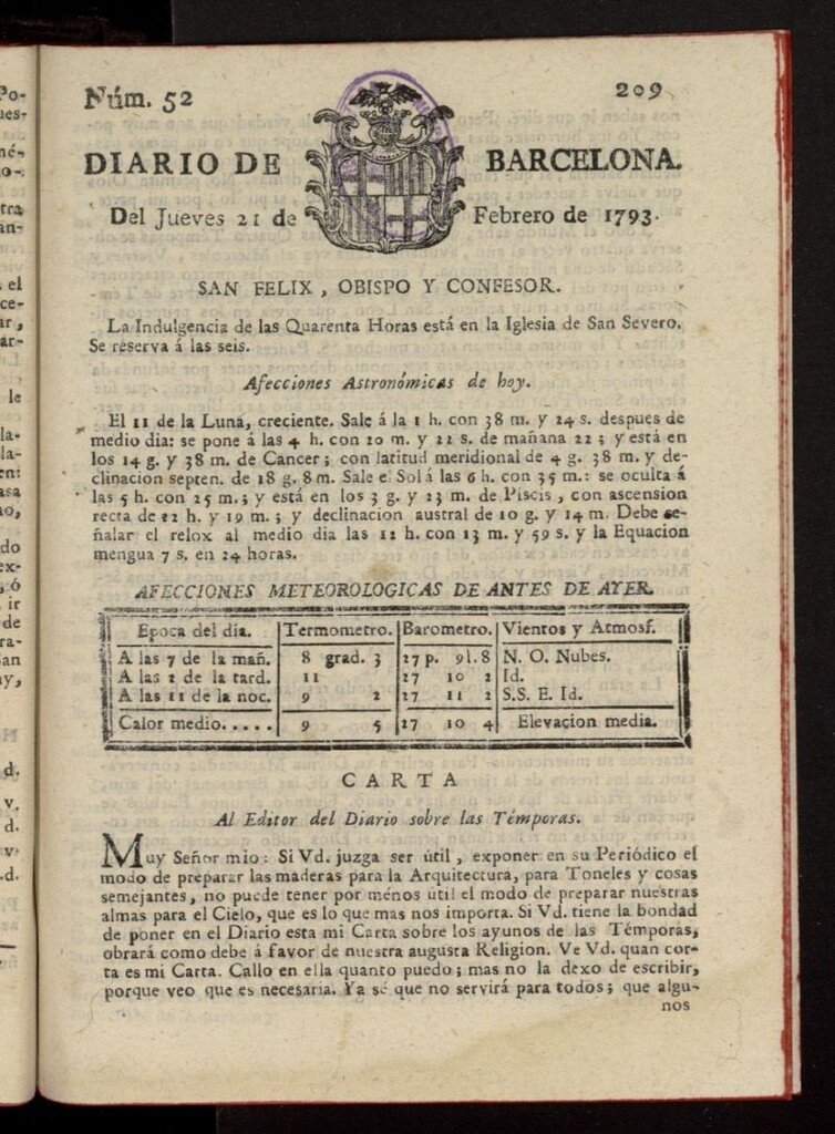 Miniatura de Diario de Barcelona del 21 de febrero de 1793, nº 52