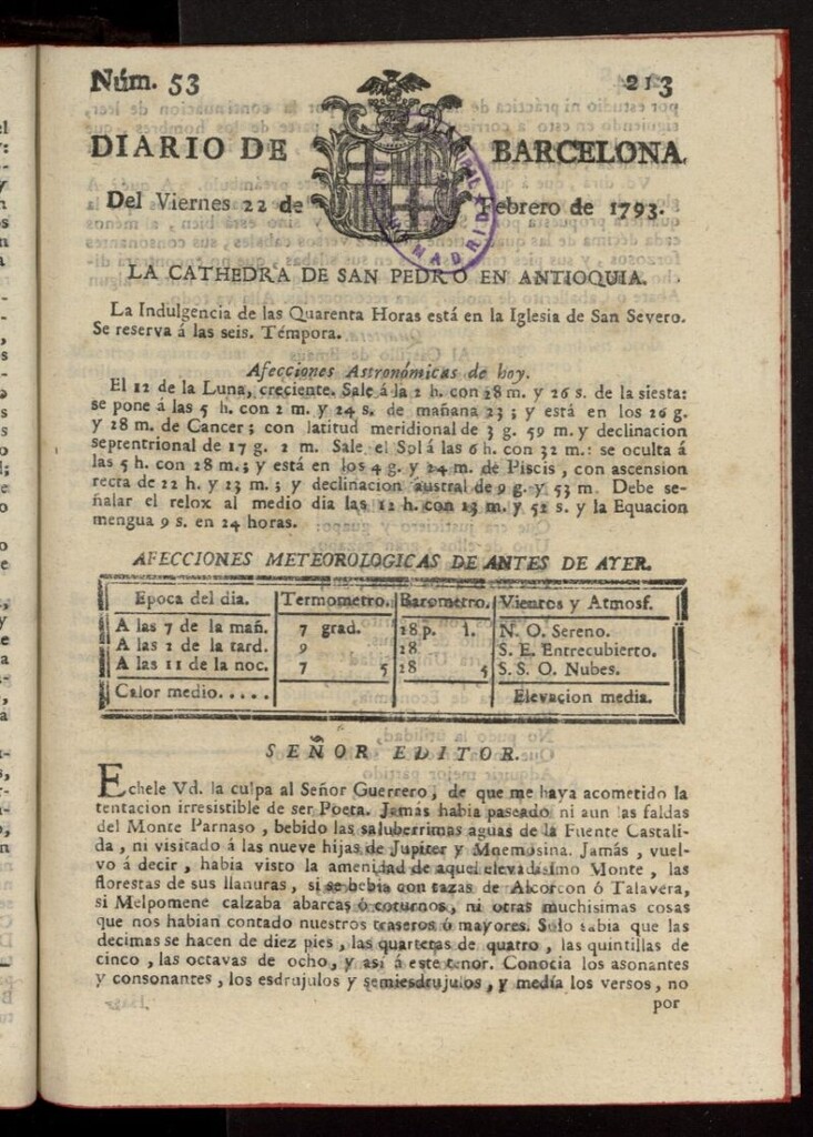 Miniatura de Diario de Barcelona del 22 de febrero de 1793, nº 53