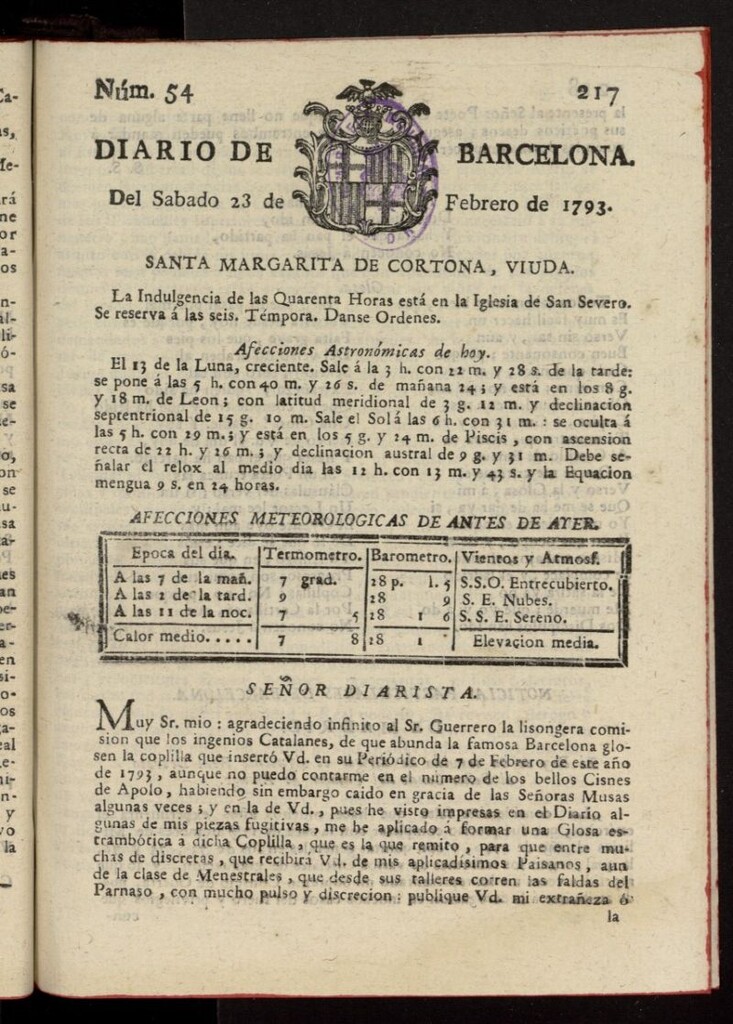 Miniatura de Diario de Barcelona del 23 de febrero de 1793, nº 53