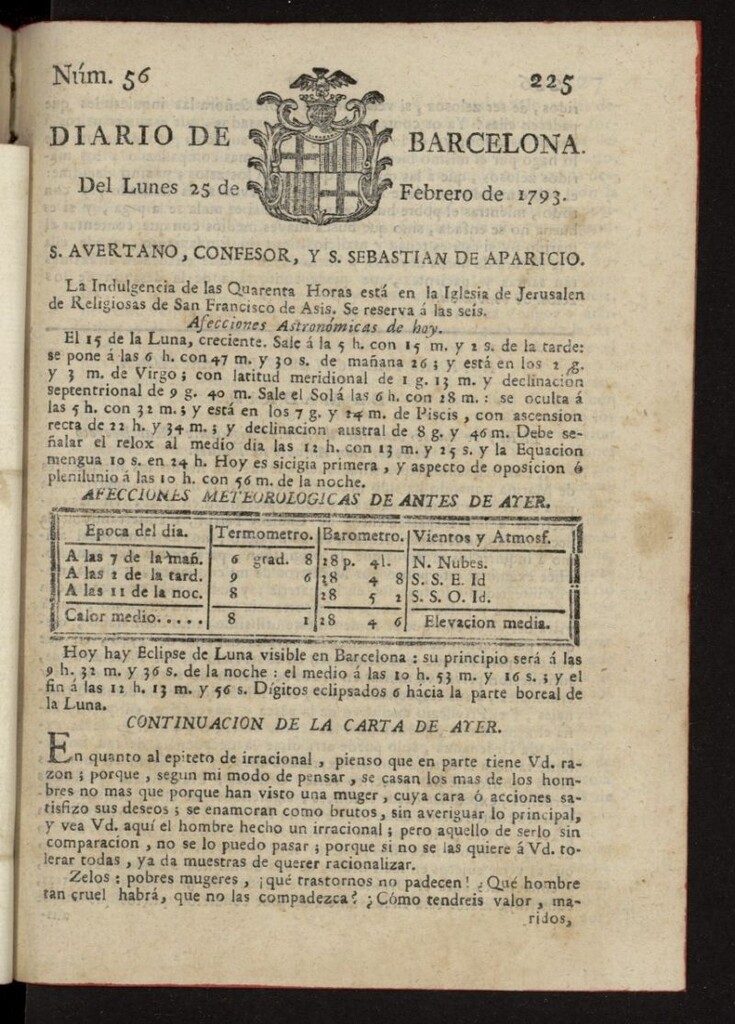 Miniatura de Diario de Barcelona del 25 de febrero de 1793, nº 56