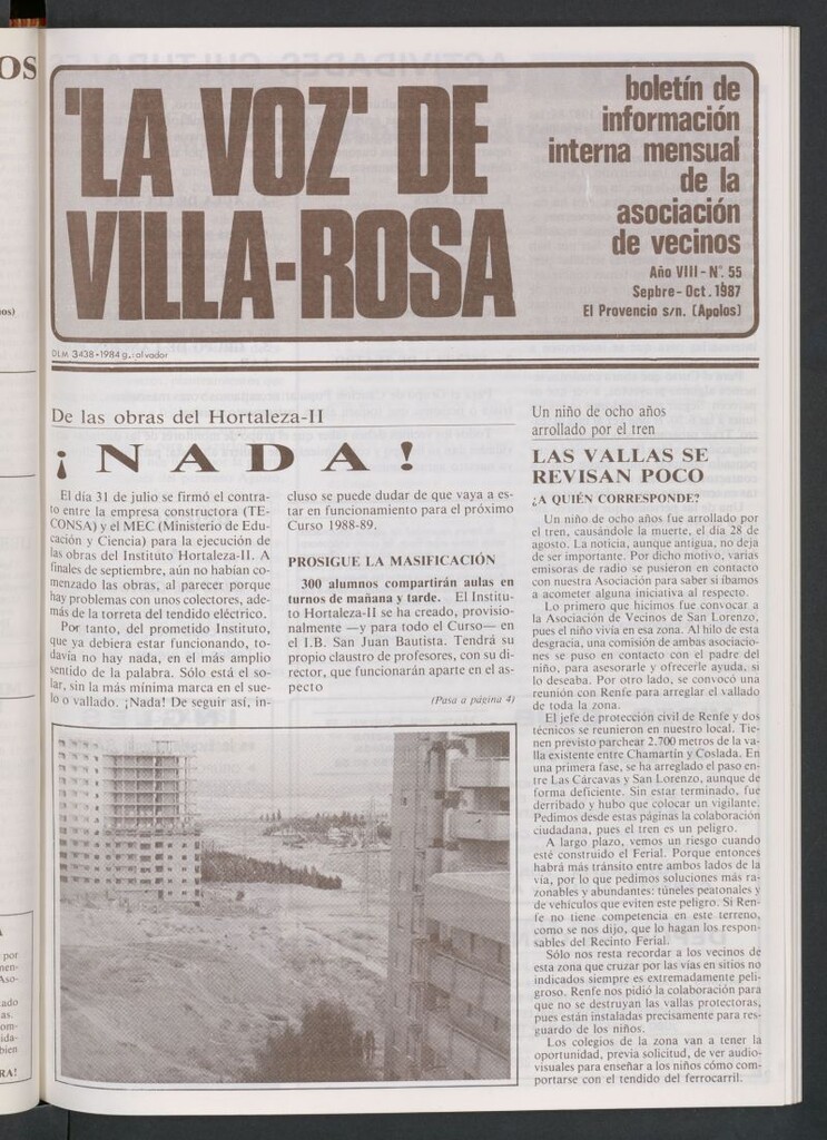 Miniatura de La Voz de Villa-Rosa: boletín informativo mensual de la asociación de vecinos, nº 55 de septiembre-octubre de 1987