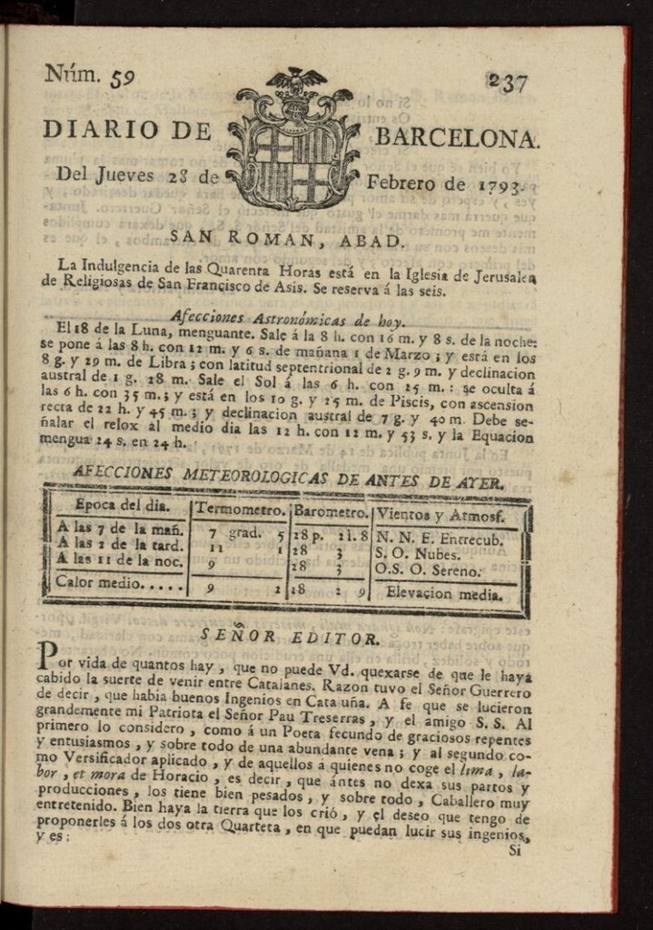 Miniatura de Diario de Barcelona del 28 de febrero de 1793, nº 59