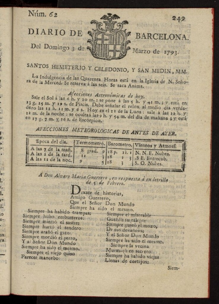 Miniatura de Diario de Barcelona del 3 de marzo de 1793, nº 62