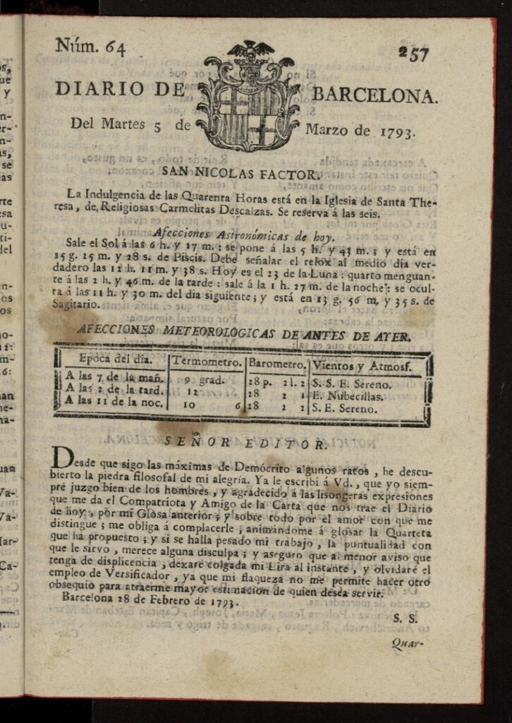 Miniatura de Diario de Barcelona del 5 de marzo de 1793, nº 64