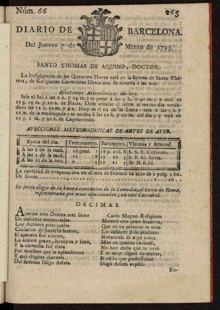 Miniatura de Diario de Barcelona del 7 de marzo de 1793, nº 66