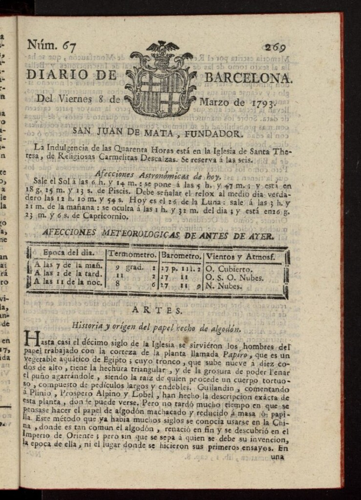 Miniatura de Diario de Barcelona del 8 de marzo de 1793, nº 67
