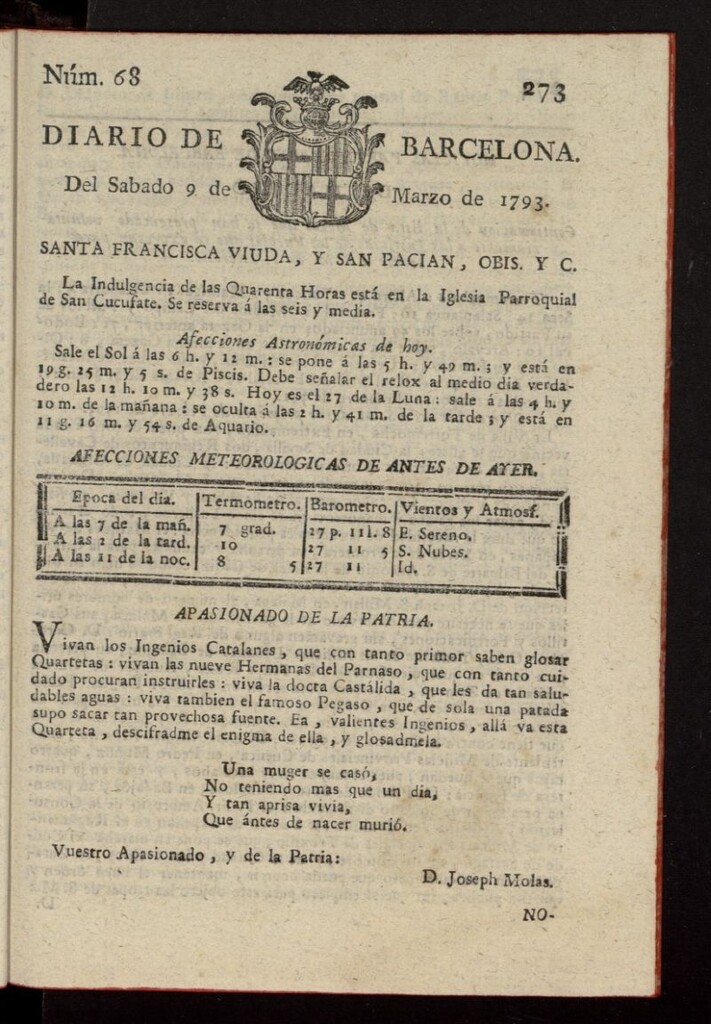 Miniatura de Diario de Barcelona del 9 de marzo de 1793, nº 68