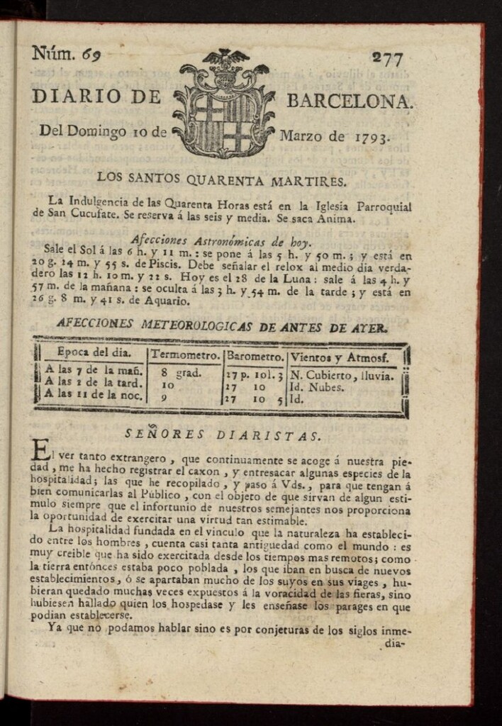 Miniatura de Diario de Barcelona del 10 de marzo de 1793, nº 69