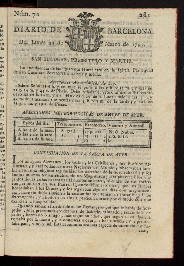 Miniatura de Diario de Barcelona del 11 de marzo de 1793, nº 70