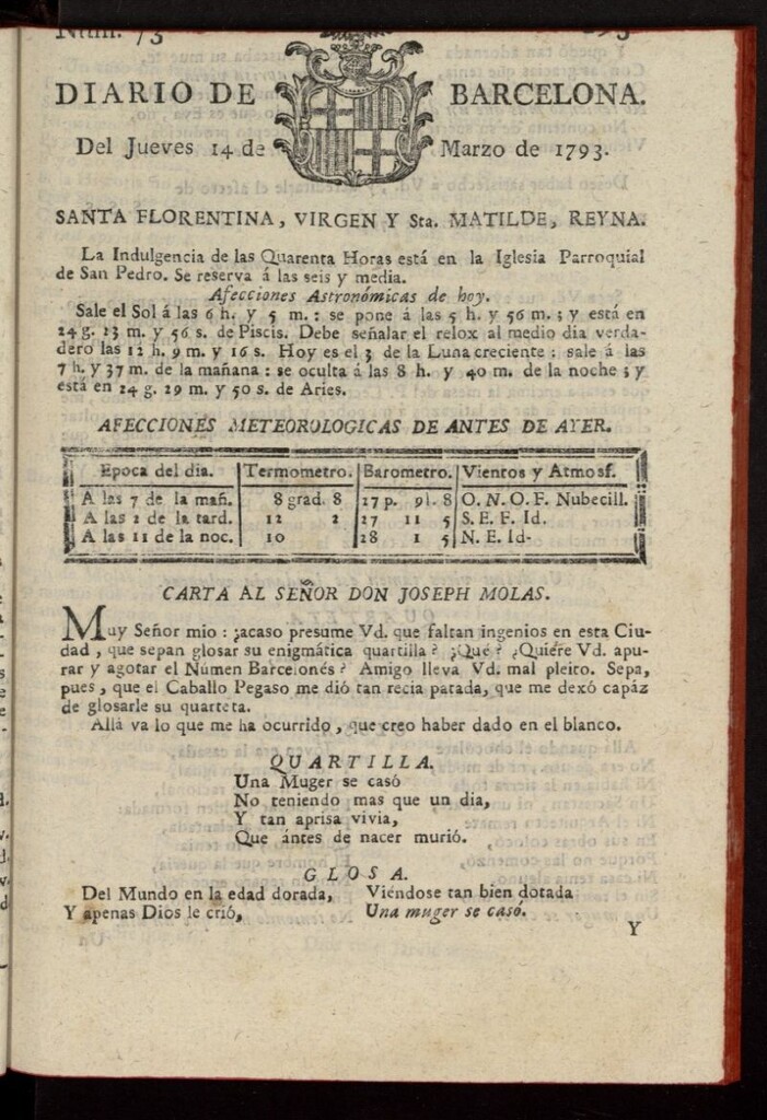 Miniatura de Diario de Barcelona del 14 de marzo de 1793, nº 73