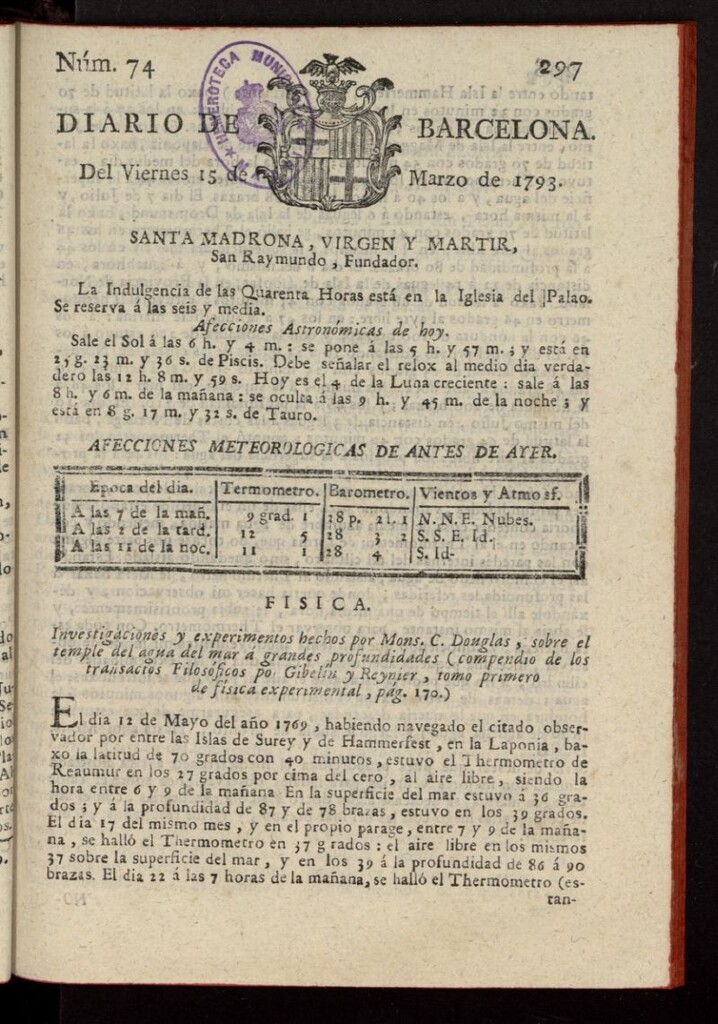 Miniatura de Diario de Barcelona del 15 de marzo de 1793, nº 74