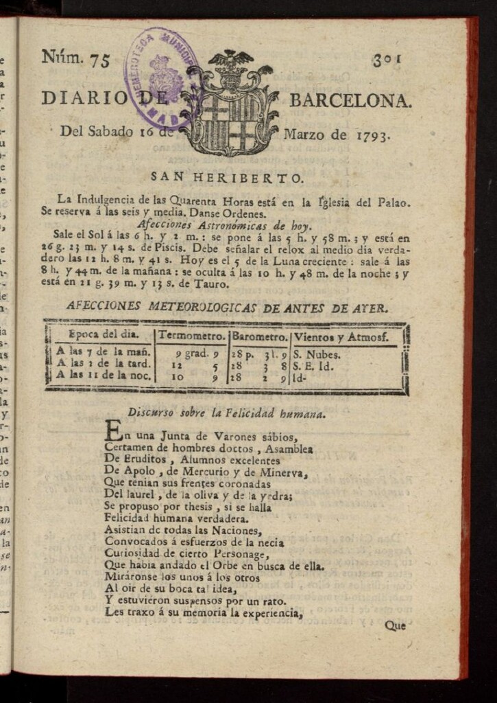 Miniatura de Diario de Barcelona del 16 de marzo de 1793, nº 75