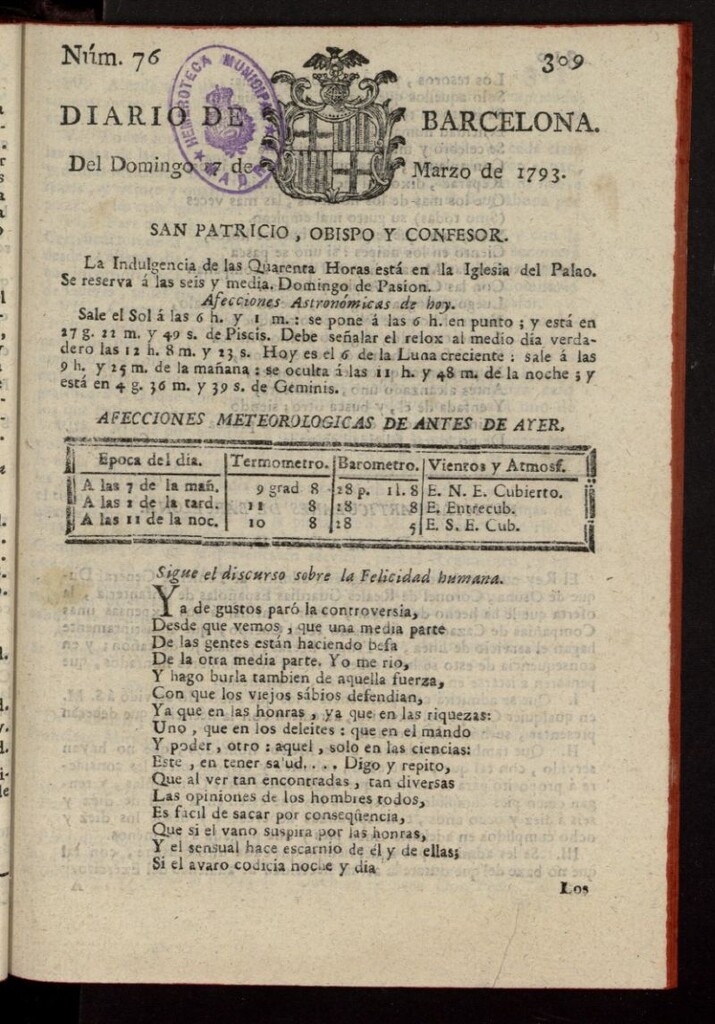 Miniatura de Diario de Barcelona del 17 de marzo de 1793, nº 76