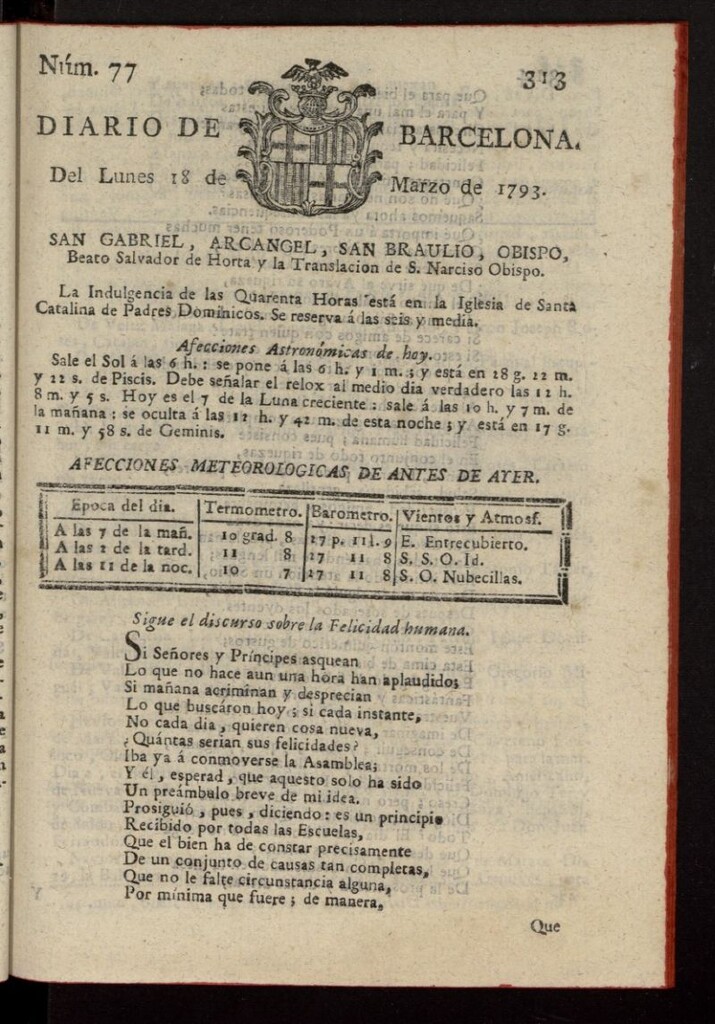 Miniatura de Diario de Barcelona del 18 de marzo de 1793, nº 77