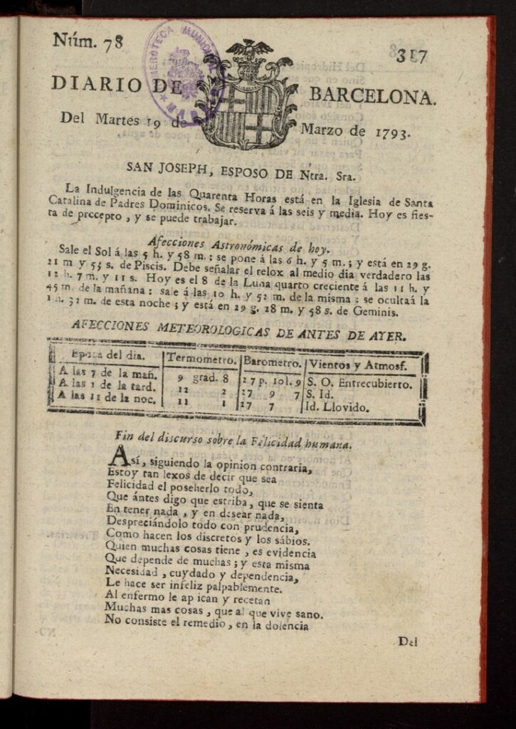 Miniatura de Diario de Barcelona del 19 de marzo de 1793, nº 78