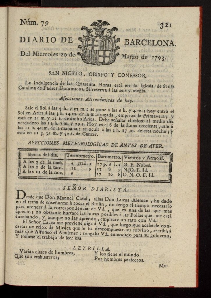 Miniatura de Diario de Barcelona del 20 de marzo de 1793, nº 79