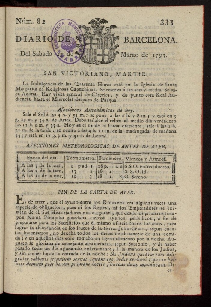 Miniatura de Diario de Barcelona del 23 de marzo de 1793, nº 82