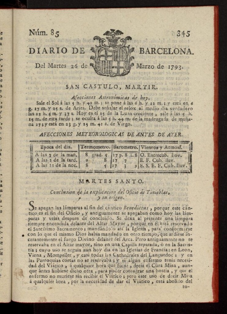 Miniatura de Diario de Barcelona del 26 de marzo de 1793, nº 85