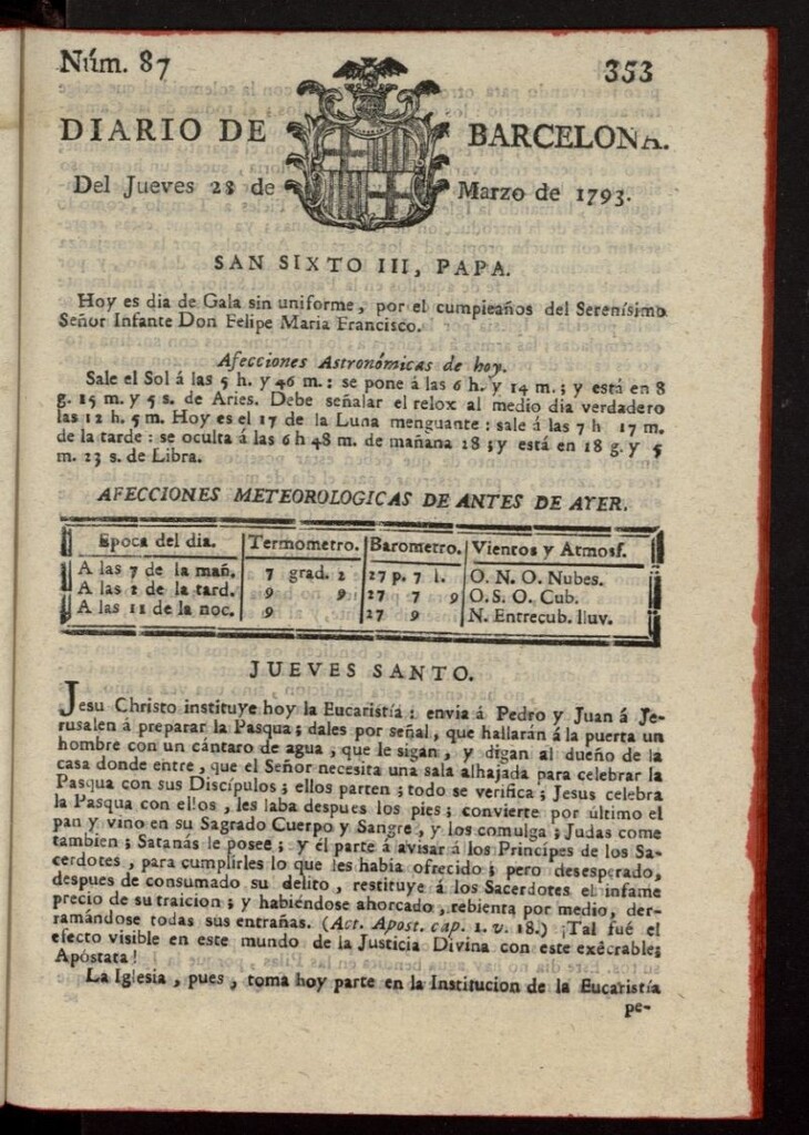 Miniatura de Diario de Barcelona del 28 de marzo de 1793, nº 87
