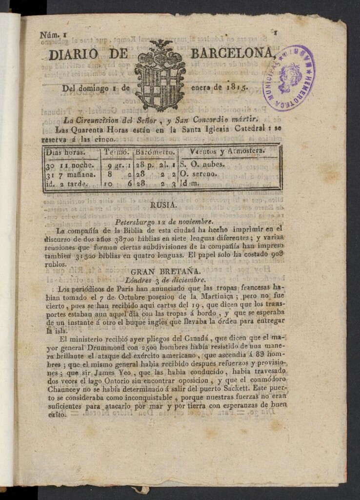 Miniatura de Diario de Barcelona del 1 de enero de 1815, nº 1