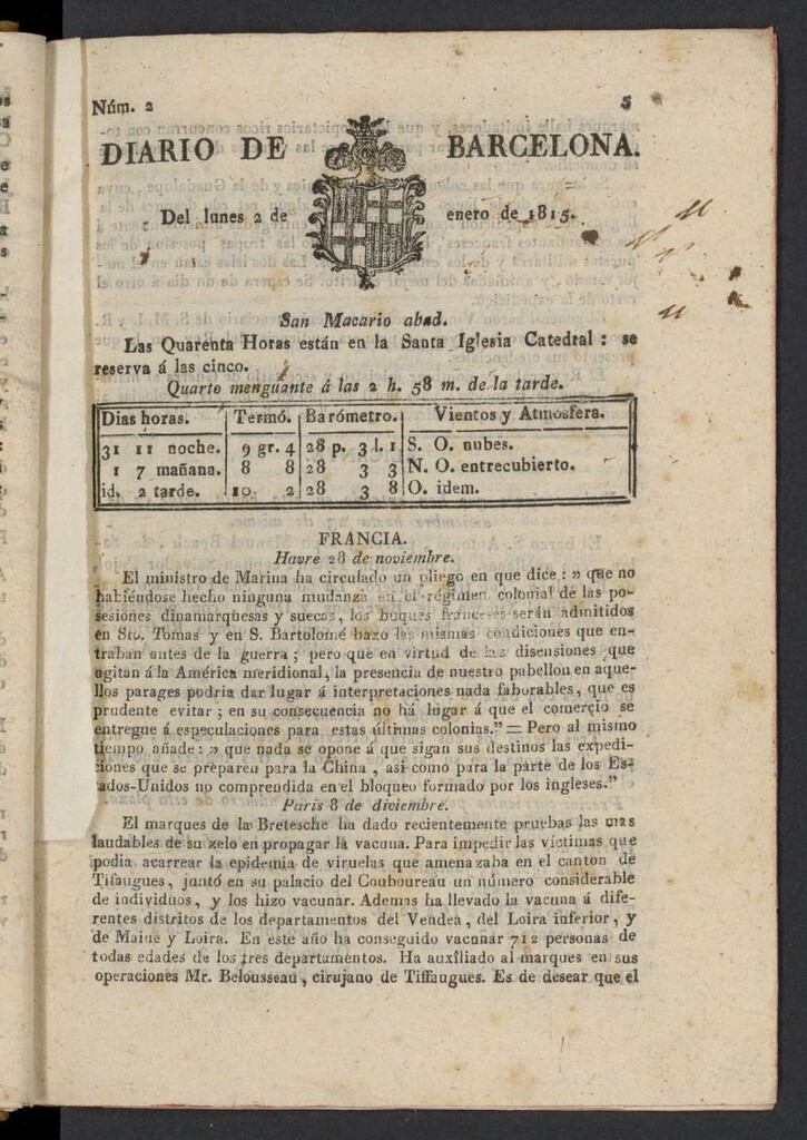 Miniatura de Diario de Barcelona del 2 de enero de 1815, nº 2