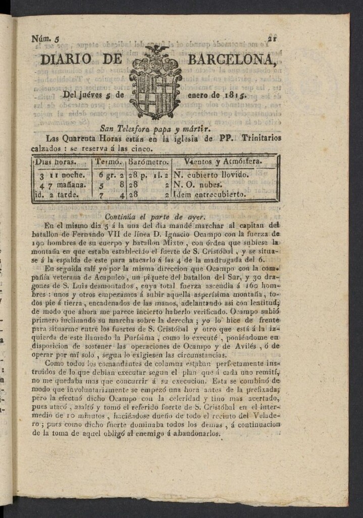 Miniatura de Diario de Barcelona del 5 de enero de 1815, nº 5