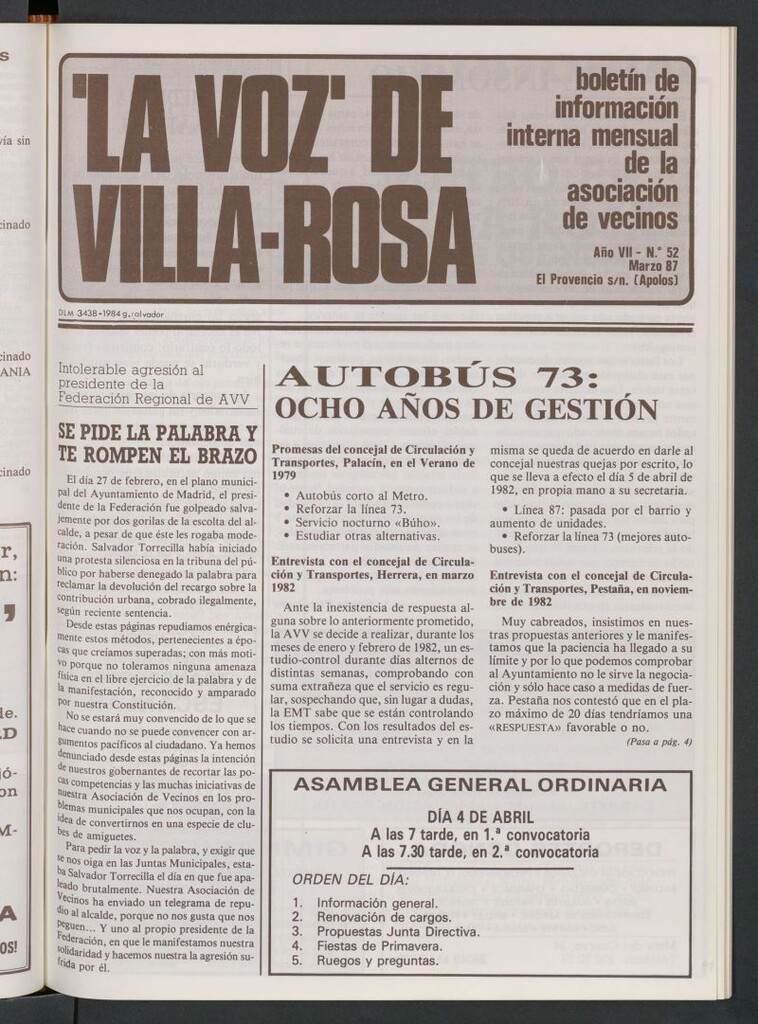 Miniatura de La Voz de Villa-Rosa: boletín informativo mensual de la asociación de vecinos, nº 52 de marzo de 1987