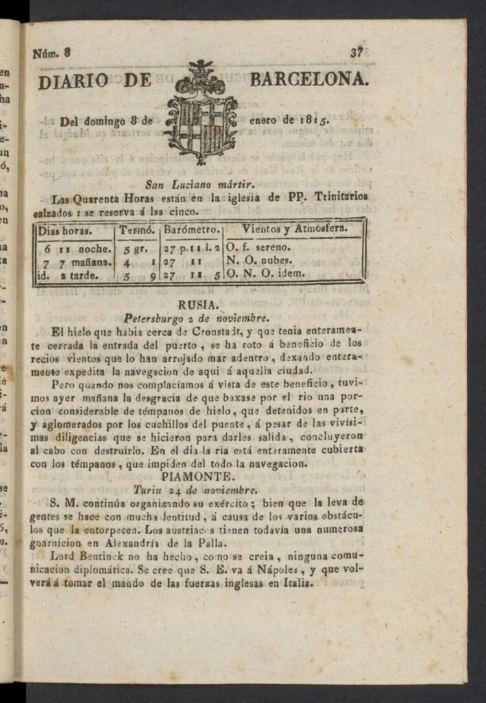 Miniatura de Diario de Barcelona del 8 de enero de 1815, nº 8
