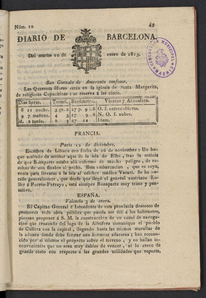 Miniatura de Diario de Barcelona del 10 de enero de 1815, nº 10